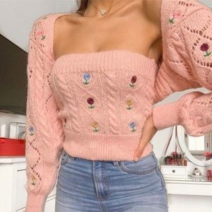 Zara Pointelle Floral Embroidered Co-Ord Sweater Set in Pink